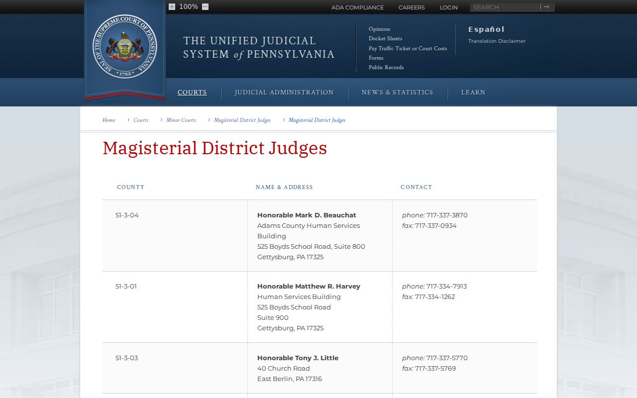 Official magisterial district judge listing for California criminal records