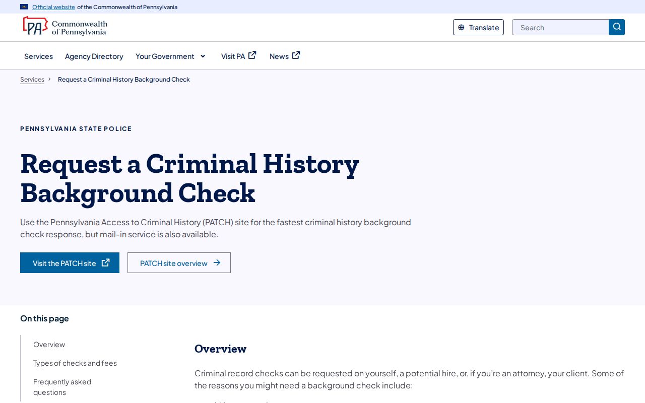 Pennsylvania State Police criminal history check products for Washington County searches