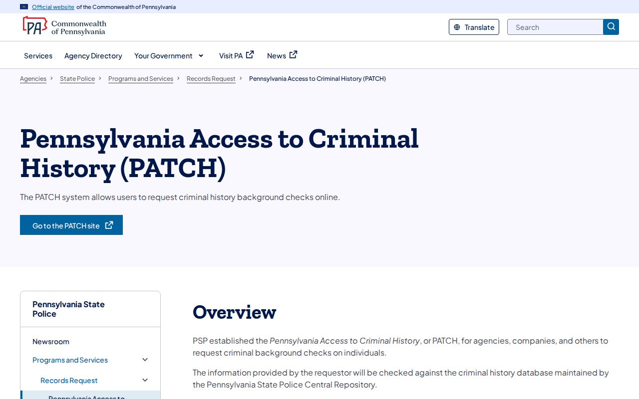 Official PATCH status and glossary page used for Washington County record checks