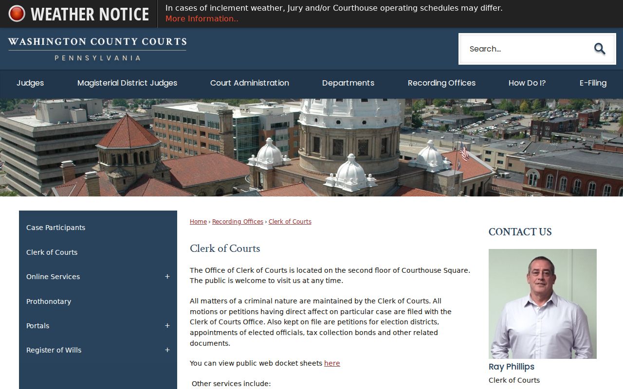 Washington County criminal court case Clerk of Courts page