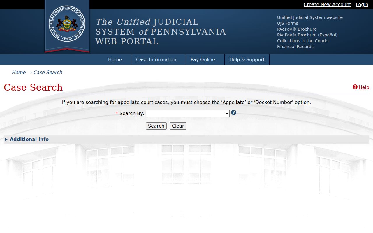 Washington County criminal court case UJS search interface